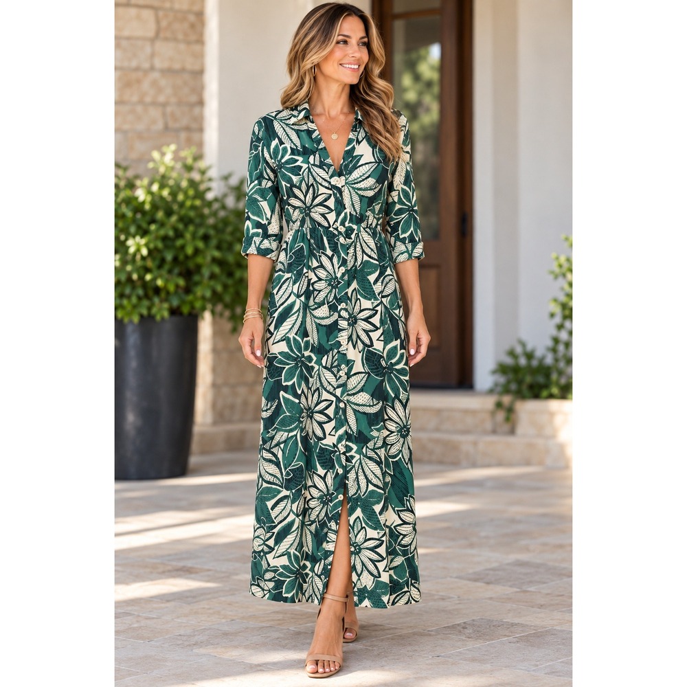 Zara Green Tropical Floral Midi Shirt Dress XS Elastic Waist Belted Boho